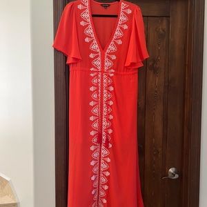 Strut&Bolt caftan in a bright red orange with white embroidered trim, size S